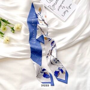 Elegant Blue and White Silk Skinny Scarf